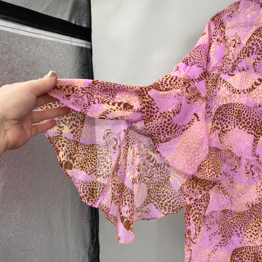 Cabi Cheetah Blouse Women Large Pink Linx Leopard Print Ruffle Sleeve Sheer 5711 - Picture 3 of 15